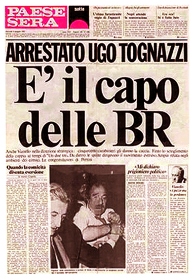 La prima pagina della finta edizione del quotidiano "Paese Sera" del 10 aprile 1979, pubblicata dalla rivista satirica "Il Male".